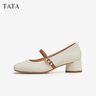 他她（TATA）銀色瑪麗珍鞋女款秋季新款粗跟單鞋女鞋小皮鞋7AC13AQ5 米白 34 曬單實(shí)拍圖