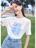 百圖betu女裝夏新款T恤海洋珠片繡印花短袖寬松純棉T恤女2304T20 白色 M 曬單實(shí)拍圖