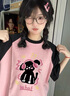 哈魯?shù)?025夏季拼色寬松正肩短袖t恤女小眾卡通印花半袖設(shè)計(jì)感插肩上衣 粉拼黑 M （85-110斤） 曬單實(shí)拍圖