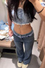 UR2025夏季新款女裝拼接格紋木耳邊闊腿牛仔長褲UYY850116 藍(lán)色 25 曬單實拍圖