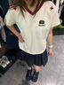 正肩刺繡撞色V領(lǐng)短袖T恤女2025新款夏季設(shè)計(jì)感小眾微寬松顯瘦上衣 杏色 M 曬單實(shí)拍圖