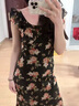 真即法式復古碎花連衣裙女夏季2025新款飛飛袖設計感收腰顯瘦A字長(cháng)裙 黑色 L 曬單實(shí)拍圖