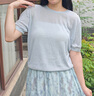 lagogo輕盈含亞麻通勤針織衫女拉谷谷2025年夏季新款薄款短袖上衣 藍(lán)色 M 曬單實(shí)拍圖