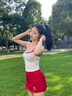 皓娥純欲熱辣吊帶背心女夏內(nèi)搭蕾絲格子帶胸墊上衣假兩件短款無袖外穿 【紅色】均碼 曬單實拍圖