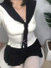 DAVEY MODE韓系學院風海軍領(lǐng)上衣套裝女夏季小眾短袖T恤高腰顯瘦百褶裙子 海軍領(lǐng)上衣+半身裙 兩件套+配領(lǐng) M (建議90-105斤) 曬單實拍圖
