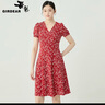 哥弟（GIRDEAR）女裝氣質(zhì)復(fù)古V領(lǐng)收腰小碎花短袖洋裝連衣裙女1500472 光輝紅 M (3碼) 曬單實拍圖