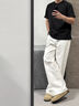 VESIBO白色牛仔褲男夏季薄款美式潮牌闊腿長(cháng)褲復古青少年運動(dòng)拖地褲子 白色 S 曬單實(shí)拍圖
