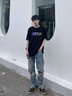 aolinps澳林匹斯 男女腳口拉鏈 牛仔褲水洗做舊破洞乞丐褲 天藍色 L 曬單實拍圖