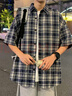 Foss Phil短袖格子襯衫男女款春夏季復(fù)古寬松拼色百搭襯衣外套6322藍(lán)色M 曬單實(shí)拍圖