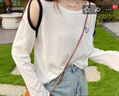 稚約防曬罩衫女夏季薄款2024年新款套頭圓領(lǐng)寬松長袖t恤冰絲露肩上衣 白色 L（100-115斤） 曬單實拍圖