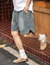 牧唯美式復古牛仔短褲男夏季小眾純棉五分褲水洗做舊簡(jiǎn)約百搭中褲 藍色 XL [建議130-145斤] 曬單實(shí)拍圖