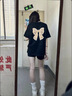 一寸相思黑色t恤女夏季純棉短袖2025新款爆款蝴蝶結印花體恤寬松大碼上衣 黑色-珍珠蝴蝶結 XL (125-145斤） 曬單實(shí)拍圖