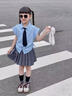 又酷又颯的女童裝夏季2025新款兒童學(xué)院風(fēng)jk百褶裙女大童夏裝套裝 藍(lán)色套裝（內(nèi)有安全褲） 130 曬單實拍圖