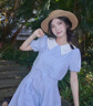 紫涵（ZIHAN）紫涵假兩件撞色翻領(lǐng)連衣裙女2025夏季新款甜美單排扣短袖a字短裙 藍條 XS 曬單實拍圖