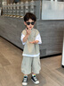 mlgt kids童裝男童套裝夏季新款韓版帥氣兒童短袖工裝衣服男孩夏裝 綠色 帥氣假兩件短袖短褲套裝 100 曬單實(shí)拍圖