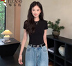 啄木鳥正肩短袖t恤女夏季2025新款圓領(lǐng)褶皺修身顯瘦收腰上衣 藏藍色 XL 曬單實拍圖