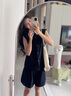 拉夏貝爾（La Chapelle）時尚復(fù)古休閑棉麻套裝女2025夏季新款蕾絲翻領(lǐng)無袖襯衫短褲兩件套 深藍色 襯衫+短褲 S （105斤內(nèi)） 曬單實拍圖