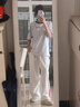 DGOV美式復古高腰直筒顯瘦休閑褲女褲子夏季女小個子薄款條紋闊腿褲女 白色（zt） M 推薦95-110斤 曬單實拍圖