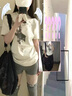 美式正肩潮流短袖t恤女夏季新款吉他印花復(fù)古高街修身顯瘦上衣服 白色 M 曬單實(shí)拍圖