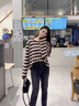 NICOLEJOLIE100%純棉2025夏季新款女針織T恤衫條紋寬松毛衣圓領(lǐng)長袖拼色上衣 咖色 JXSDY-BM859 L 曬單實(shí)拍圖