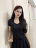 嫻柔2025新款黑色莫代爾t恤女短袖修身薄款冰絲低領(lǐng)大領(lǐng)口緊身上衣 黑色【莫代爾-圓領(lǐng)】 XXL 建議(125-140斤) 曬單實(shí)拍圖