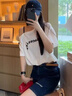 有肩帶斜肩潮流短袖t恤女2025新款夏季慵懶風(fēng)設(shè)計(jì)感露肩吊帶上衣 白色 M 曬單實(shí)拍圖