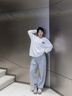 MMLG 87mm 休閑褲女男早秋新款重磅彈力腰頭寬松直筒情侶束腳長褲子 中灰色 S 曬單實(shí)拍圖
