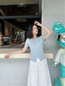 香影淺藍(lán)色t恤女短袖正肩2025夏季新款開叉漂亮獨(dú)特掐腰上衣小衫 淺藍(lán) S 155/80A/85-95斤 曬單實(shí)拍圖