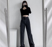 浪莎高腰牛仔闊腿褲女復古交叉腰秋季新款顯瘦拖地褲寬松直筒褲子 黑灰色 【垂感瘦腰顯腿長(cháng)】 M 【90-105斤】 曬單實(shí)拍圖