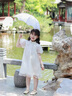 英氏（YEEHOO）女童漢服兒童裙子夏季國風(fēng)新中式連衣裙下裝復(fù)古泡泡袖中大童裝 暗香初醒白色 140 曬單實(shí)拍圖