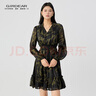 哥弟（GIRDEAR）女裝2025早秋新款摩登V領束腰花色連衣裙150033 綠 M (3) 曬單實拍圖