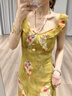鷺青一原創(chuàng  )【春熙】復古印花連衣裙女夏季斜裁荷葉邊垂感吊帶長(cháng)裙 黃綠色 XS 曬單實(shí)拍圖