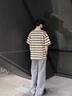 FOX.G男士短袖t恤男條紋寬松衣服男裝夏季2025新款男生半袖百搭情侶裝 卡其色圓領(lǐng)細(xì)條紋撞色T恤 L 【建議120斤以內(nèi)】 曬單實(shí)拍圖