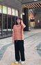 NICOLEJOLIE100%純棉2025夏季新款女針織T恤衫條紋寬松毛衣圓領(lǐng)長(zhǎng)袖拼色上衣 橘色 JXSDY-BM859 XL 曬單實(shí)拍圖