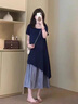 革曼孕婦裝夏連衣裙2025新款法式寬松遮肚假兩件方領長裙夏季孕婦裙子 藏青連衣裙 XL 曬單實拍圖