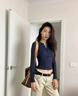 凡小如長(cháng)袖t恤女早秋2025年新款修身顯瘦百搭打底衫正肩高級感螺紋上衣 藏青色 L 【建議100-110斤】 曬單實(shí)拍圖