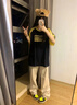 何佳功短袖t恤女新款正肩拼接插肩學(xué)生小眾情侶裝上衣設(shè)計(jì)感寬松夏季 藏青雙拼黃色 L (110-130斤） 曬單實(shí)拍圖
