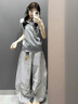 OEMG  慵懶風(fēng)格紋休閑褲子男士秋季新款潮流直筒運動寬松闊腿百搭長褲 黑色 XL [建議110-130斤] 曬單實拍圖