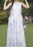樂(lè )町暈染花朵連衣裙女2025年夏季新款U型吊帶蝴蝶結飄帶裙子 冰露藍（現貨） S 曬單實(shí)拍圖