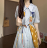 蕓蕁裙子女夏季2025新款韓版復古油墨畫領高腰藍色連衣裙女學生法式新 藍色連衣裙[關注店鋪送小禮物] L 曬單實拍圖