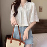 衣品元女裝2025新秋裝優(yōu)雅透氣V領(lǐng)短袖襯衫甜美減齡荷葉木耳邊襯衣女士 杏色 M 杏色95-105斤 曬單實拍圖