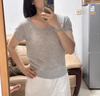 德瑪納【含天然亞麻】夏季氣質(zhì)大圓領(lǐng)短袖線衫寬松小個子針織衫女上衣 曬單實(shí)拍圖