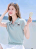 百圖betu女裝2025夏季新款T恤衫休閑運動舒適棉感夏裝短袖上衣2506T07 淺蘭 M 曬單實拍圖
