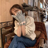 BIBK日本蝴蝶結手套女秋冬可愛韓版氣質(zhì)針織毛線保暖露指可觸屏手套 淺灰 曬單實拍圖