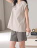 古今（GUJIN）【帶胸墊】夏季新品純色拉架棉小飛袖睡衣女家居服睡褲大碼套裝XL 曬單實(shí)拍圖
