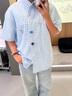 OEMG美式街頭趣味紐扣短袖襯衫男士夏季多巴胺格子襯衣休閑情侶外套 藍(lán)色 XL [建議110-130斤] 曬單實(shí)拍圖