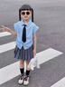 又酷又颯的女童裝夏季2025新款兒童學(xué)院風(fēng)jk百褶裙女大童夏裝套裝 藍(lán)色套裝（內(nèi)有安全褲） 130 曬單實拍圖