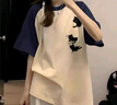 京多夢(mèng)純棉拼接短袖t恤女2025夏季新款寬松韓版學(xué)生休閑半袖百搭上衣衫 藏青拼杏色豎3貓 L (105-120斤） 曬單實(shí)拍圖
