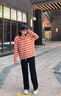 NICOLEJOLIE100%純棉2025夏季新款女針織T恤衫條紋寬松毛衣圓領(lǐng)長(zhǎng)袖拼色上衣 橘色 JXSDY-BM859 XL 曬單實(shí)拍圖