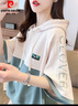 皮爾卡丹（pierre cardin）連帽設(shè)計(jì)感短袖t恤女夏裝2025新款寬松大碼撞色小個(gè)子短款上衣服 綠色 L (適合111-130斤) 曬單實(shí)拍圖